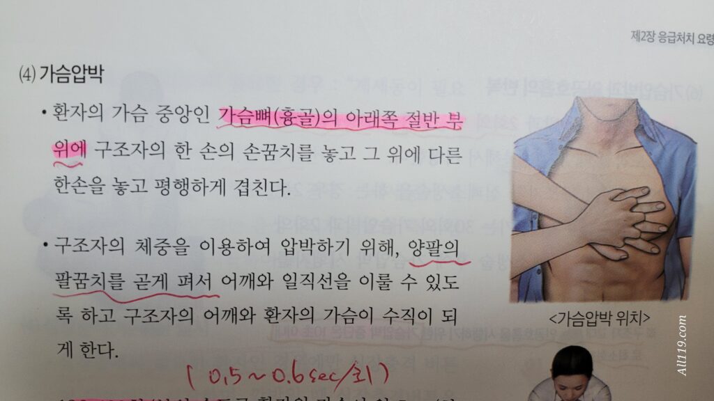 심폐소생술 가슴압박 위치 설명-소방안전관리자 강습교재