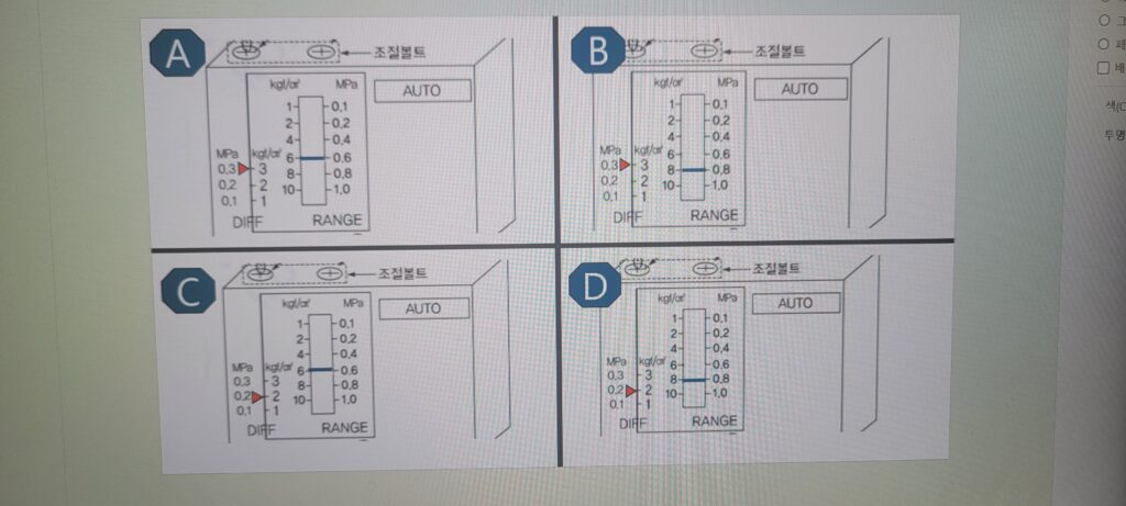소방펌프 압력스위치 RANGE와 DIFF 설정 예시 그림(A·B·C·D 보기) – 기동압력·정지압력 계산 문제